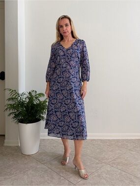 Talbots Paisley Cotton Midi Dress Navy Red 3/4 Sleeve Size 10 NWT